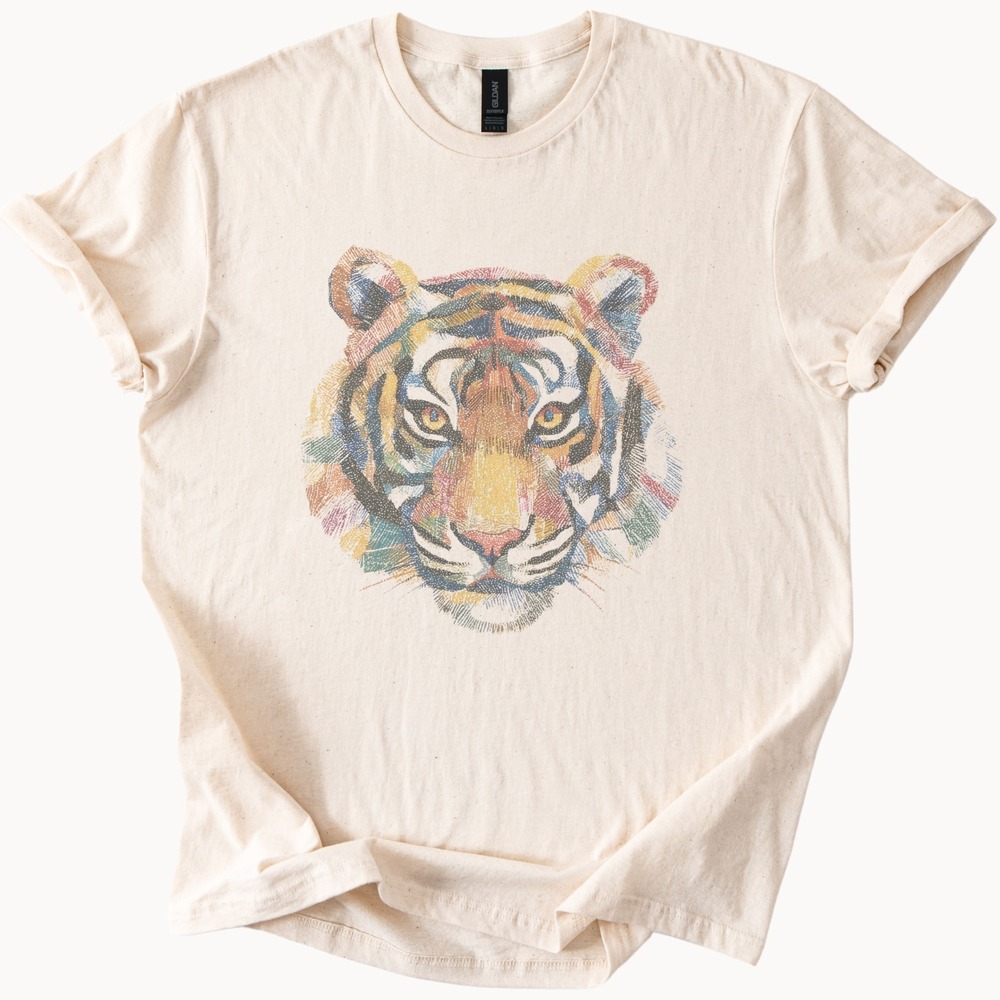 Geometric Tiger Face Graphic Tee Vibrant Striped Art